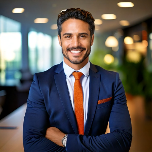 Firefly Photo-realistic portrait of a 30-year-old male insurance agent, navy-blue suit, orange tie (